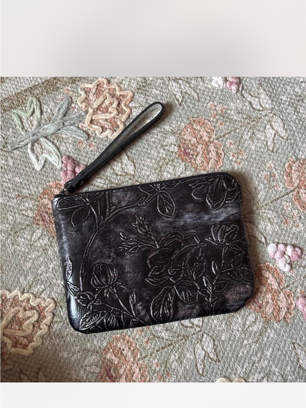 Patricia Nash Embossed Floral Leather Wristlet Pouch - Black